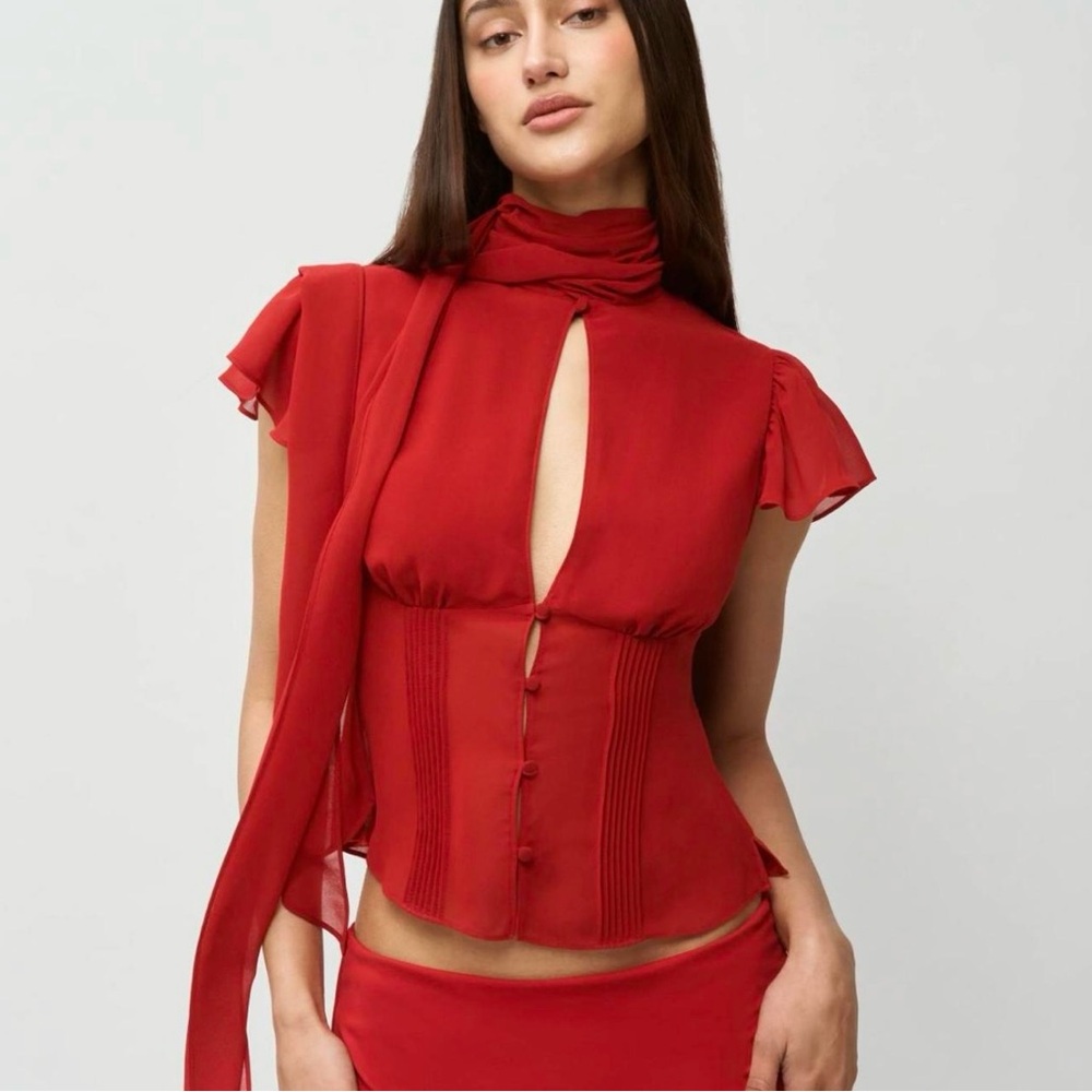 Danielle Guizio Red Keyhole Blouse